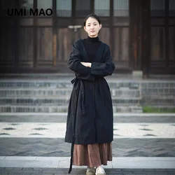 UMI MAO Autumn And Winter New Loose Retro Jacket Thickened Sand Washed Linen Artistic Windbreaker With Torn Edge Design And Belt