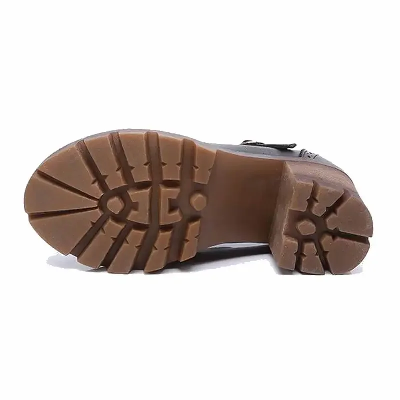 TIMETANG New Women Pumps Fashion Round Toe Buckle Strap Med Heels Ankle Boots Woman Shoes Black Gray Beige