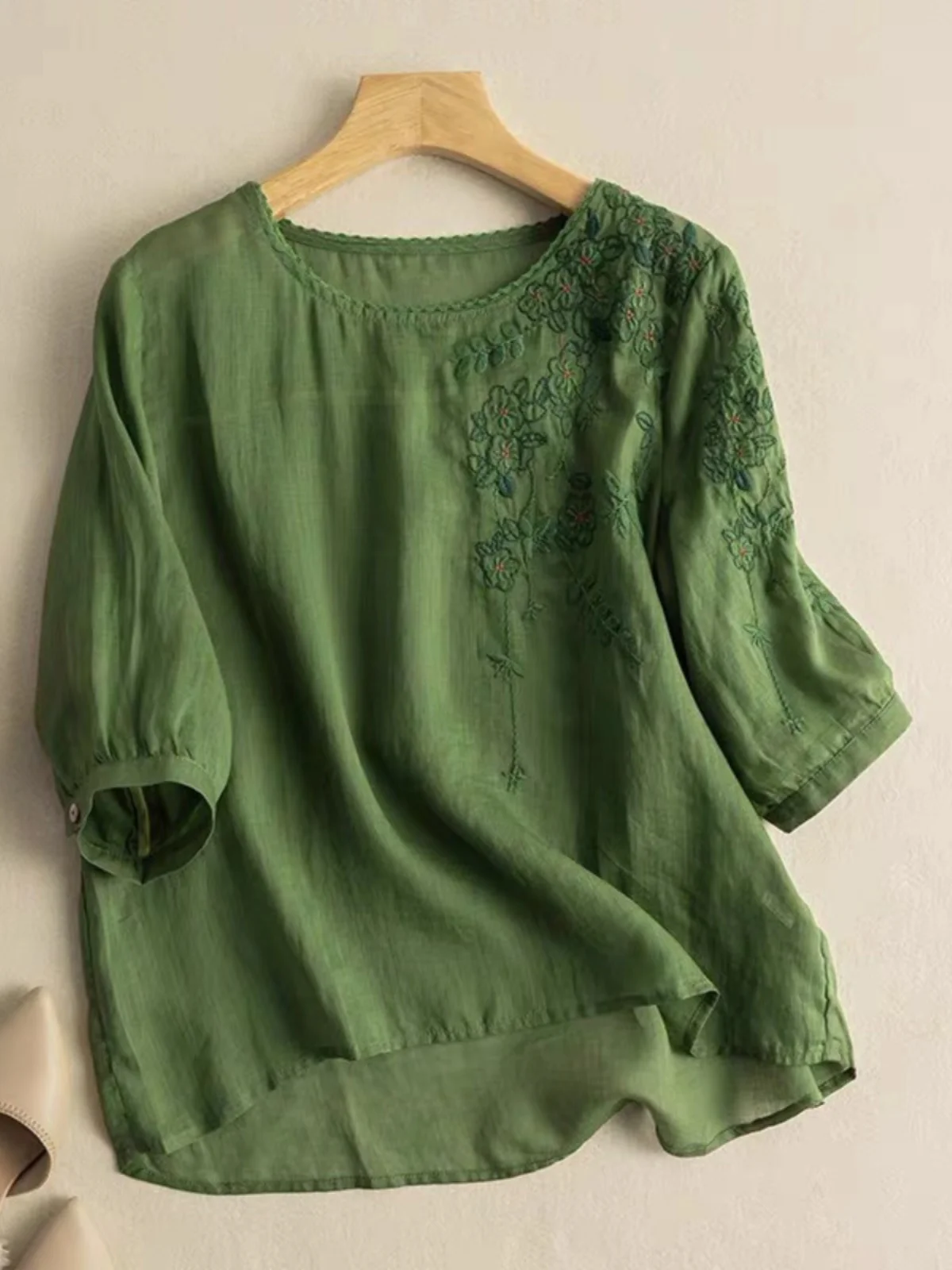 Giapponese Sle Artistico Ricamato Cotone Lino Sciolto Leggero ort Sve Donna irt Vintage Pendolarismo rotondo Ne Five...