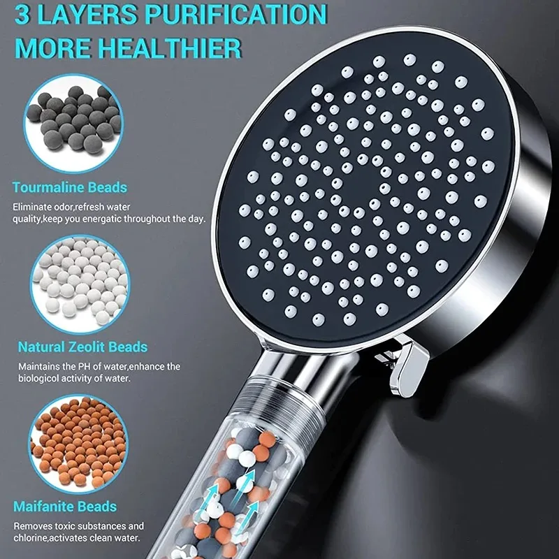 Water Saving Six Functions High Press Shower Head Handheld Powerful Flow Shower Heads with Beads Filter Pressure Boost