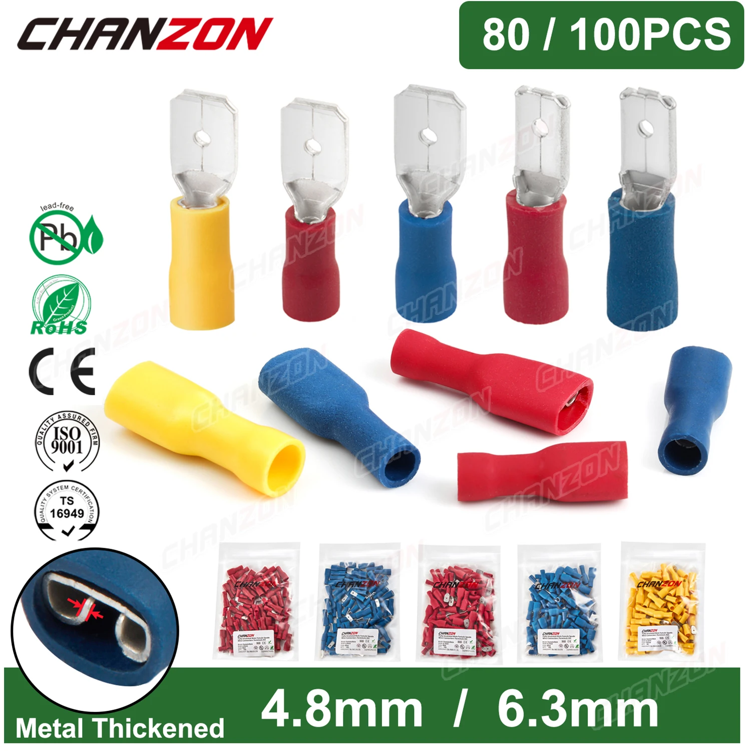 80/100PCS 4.8Mm 6.3Mm Male Female Insulated Crimp Spade Connectors Electrical Cable Wire Terminal Red Blue Yellow Assortment