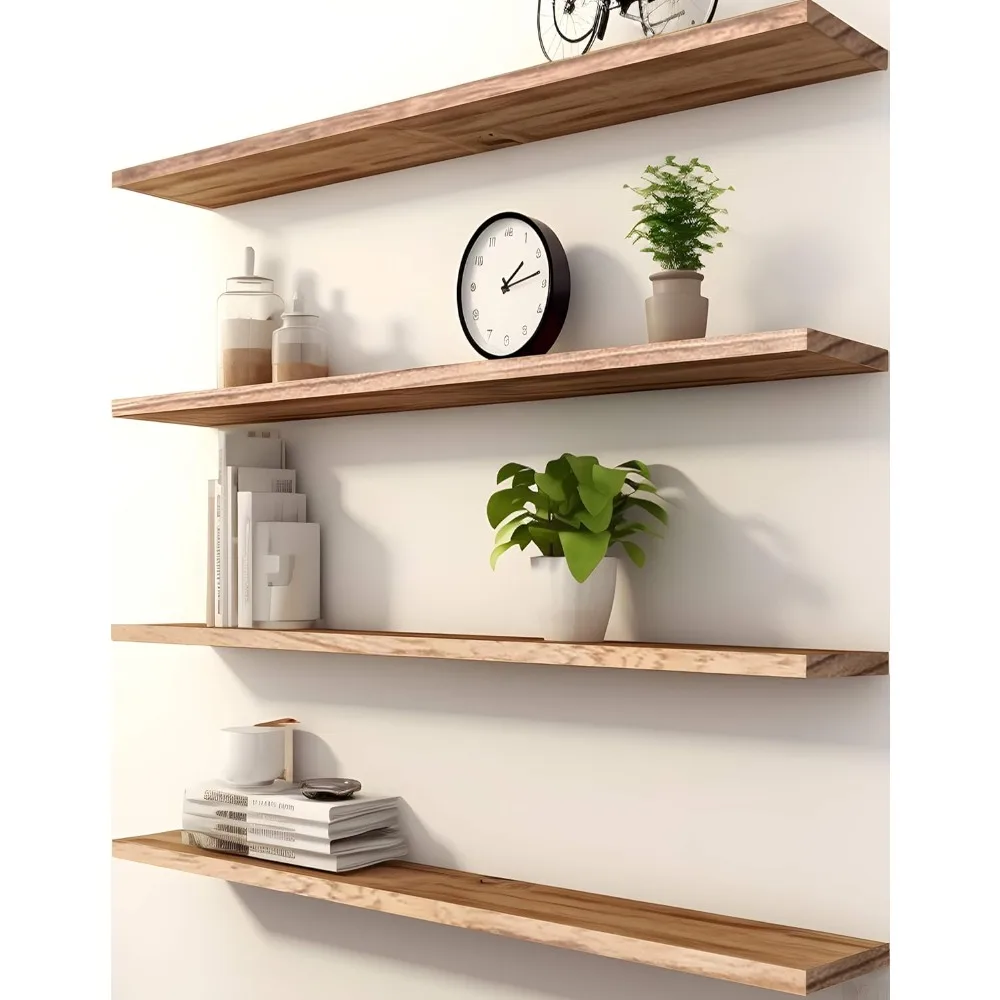 Wood Floating Shelves for Wall, Wooden Wall Shelves for Bedroom, Set of 4 Light Brown