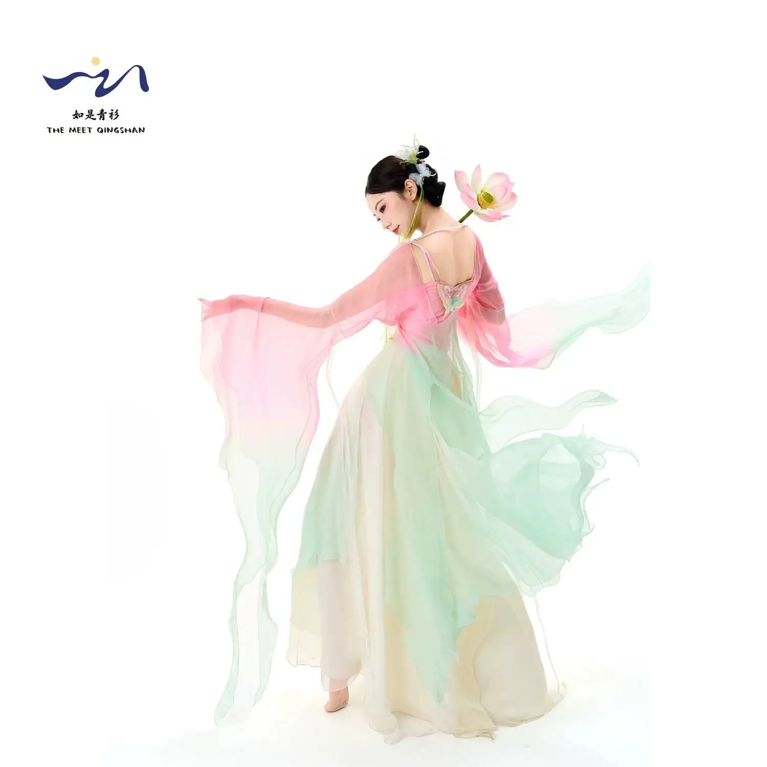 Hanfu Style Classical Chinese Dance Costume Pink to Green Gradient Flowy Chiffon Dress with Wide Sleeves for Women