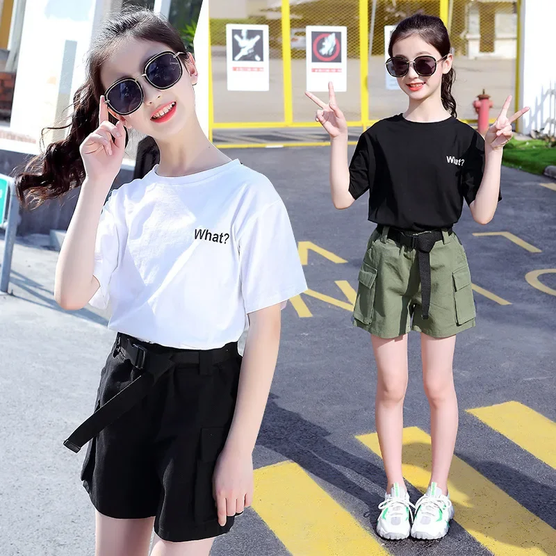 2024 Summer Girls Clothes shorts Letter T-shirt + Cargo Pants Child teenager Kids Casual Tracksuit 5 6 7 8 9 10 11 12 13 14 year