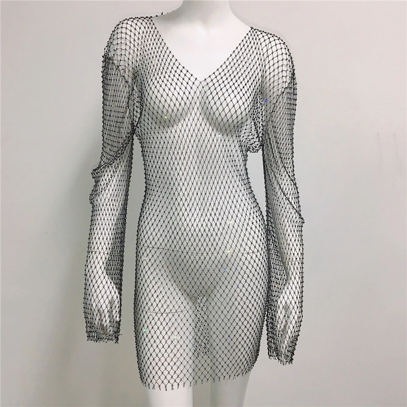 Glänzende Strass Grid Fishnet Kleid Langarm V-ausschnitt Aushöhlen Urlaub Kleid Sexy Strand Cover Up Atmungsaktive Dame Vestidos – Detail 7