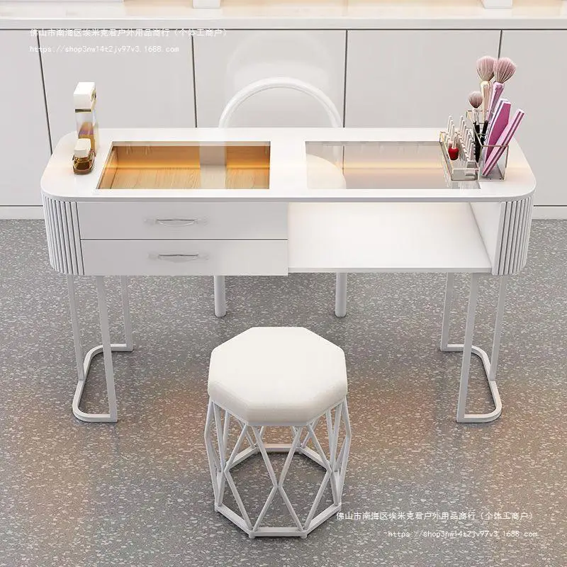 

Custom White Set of Table and Chairs With Dust Collector Metal Base Glass Table Lamp Manicure Table