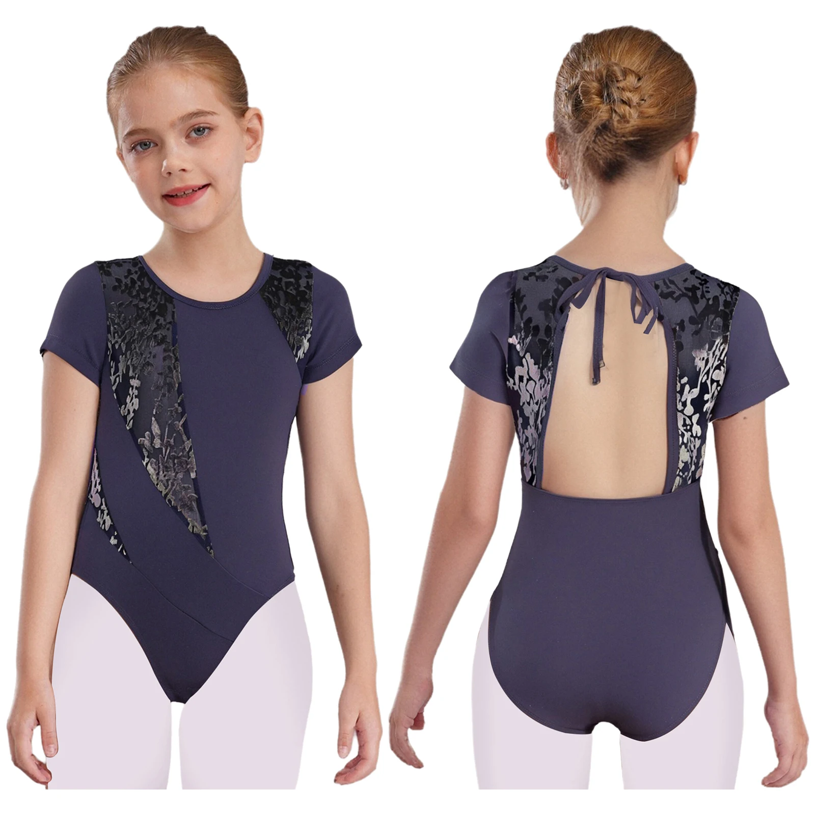 

Kids Girls Ballet Training Leotard Mesh Back Cutout Velvet Print Patchwork Round Neck Short Sleeve Recital Gymnastics Outfit