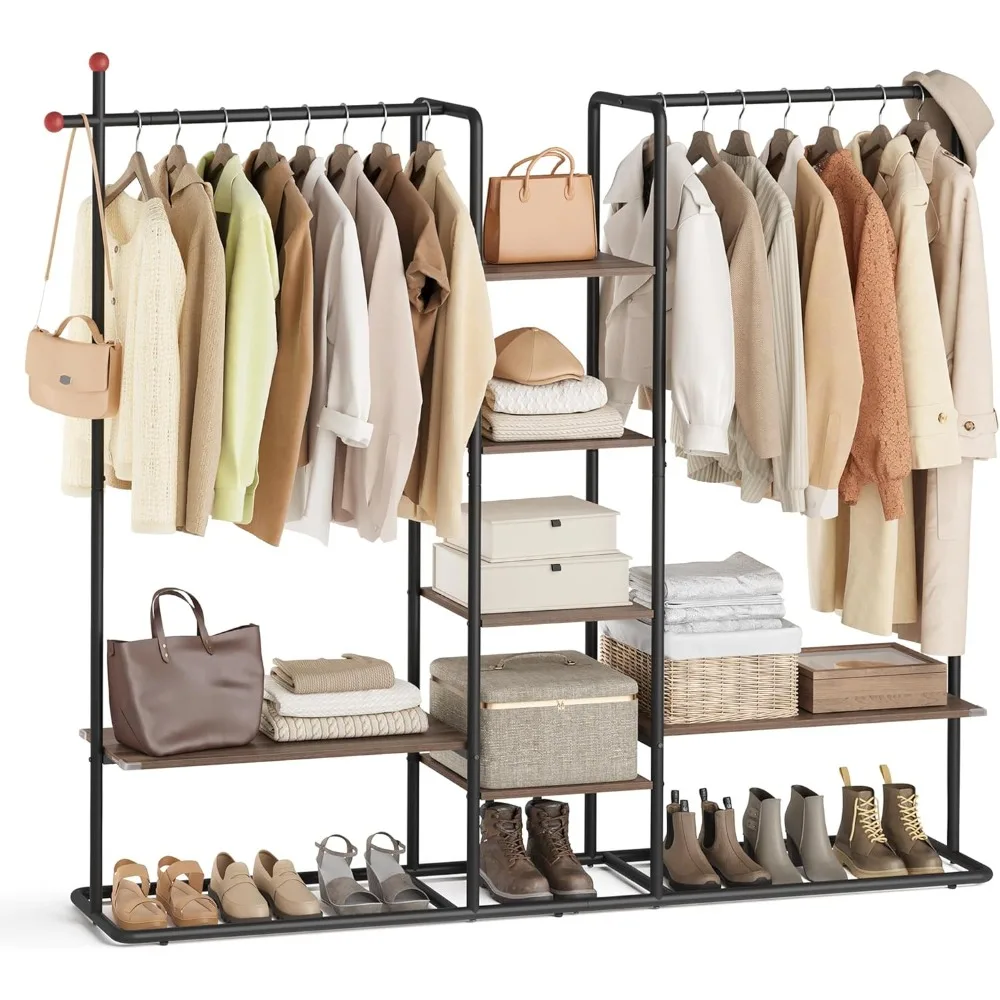 

Clothes Rack, Open Wardrobe, Freestanding Closet, Heavy-Duty Garment Rack, 6 Storage Shelves, 2 Hanging Rails,
