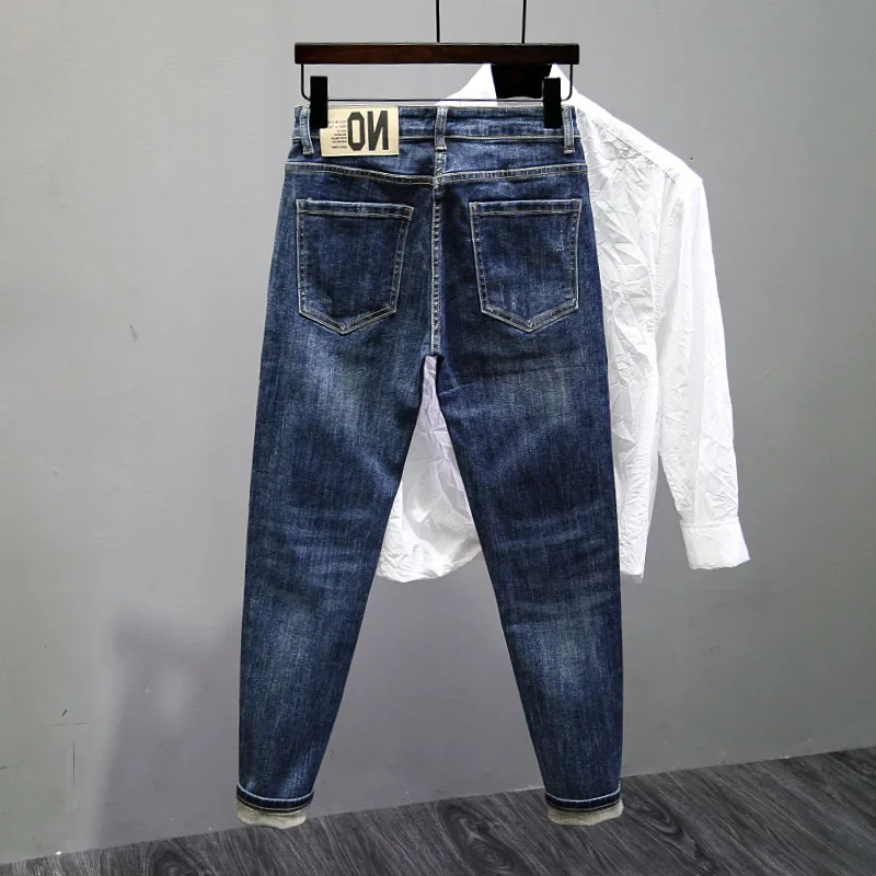 Fashionable American Style Men's Jeans Trendy Slim Fit Patchwork Youthful Nine Point Pants Casual mid Waist Zipper Jeans