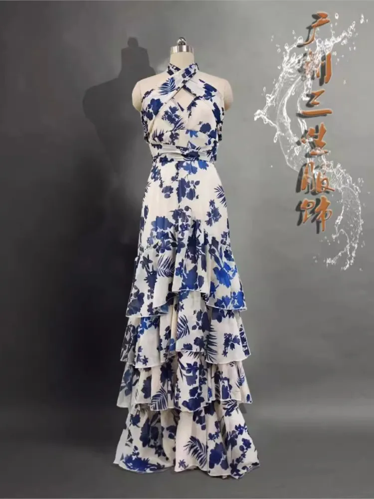 Vestido feminino elegante com estampa floral, gola halter, renda, ombro de fora, detalhes de gravata franzida, vestidos com babados em camadas, novo