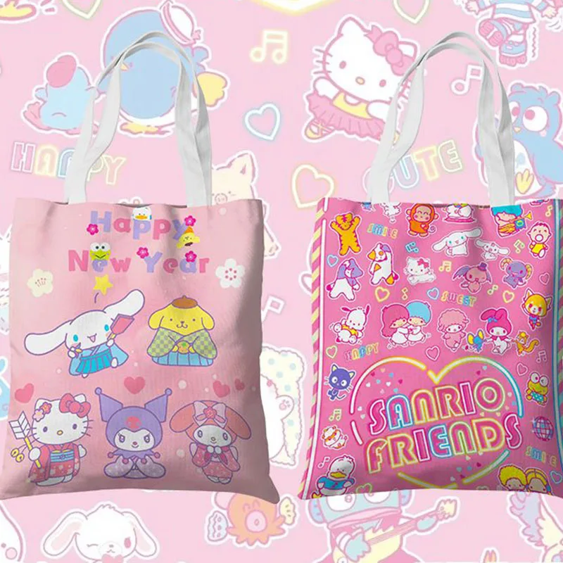 Sanrio Hello Kittys Kuromi Cinnamoroll My Melody Handbag Handbag Cute Cartoon Double sided Printed Canvas Shoulder Bag Girl Gift