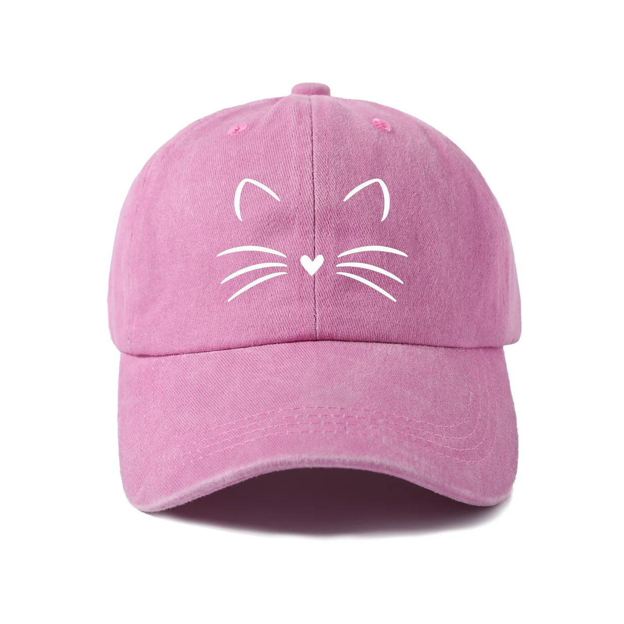 Minimal Cat Face Graphic Vintage Washed Baseball Cap, Adjustable Unisex Dad Hat, Weekend Gift