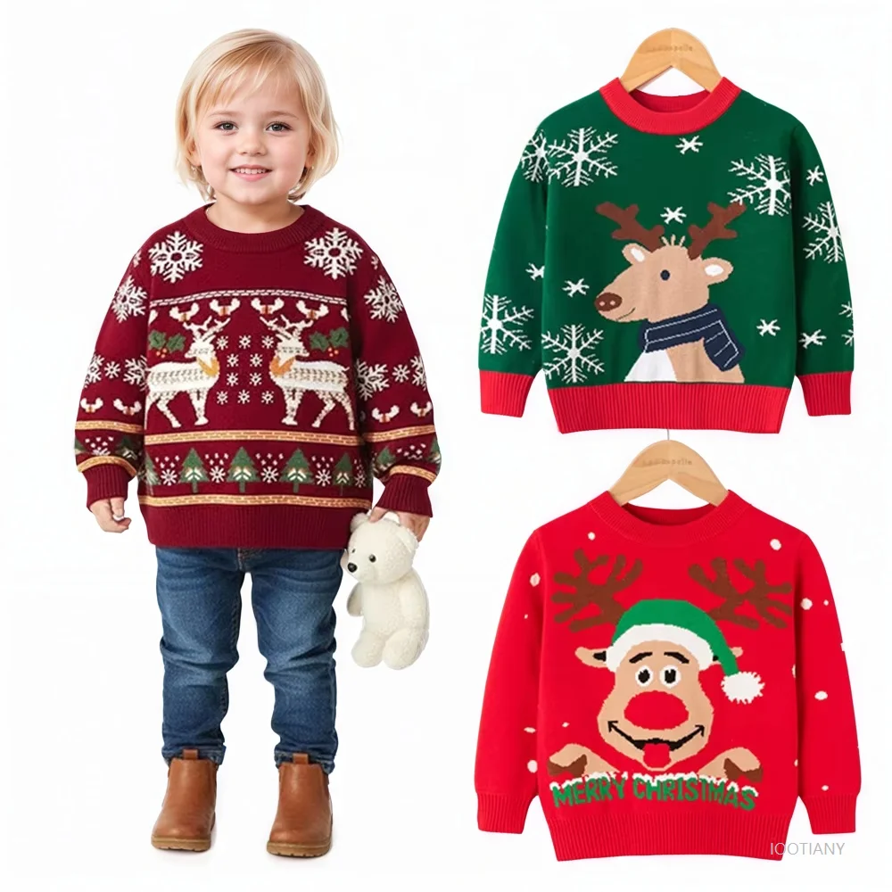 

Boy And Girl Christmas Jumper Cosplay Adorable Children's Long-sleeved Crew Neck Reindeer Santa Claus Print Knitted Pullover Top