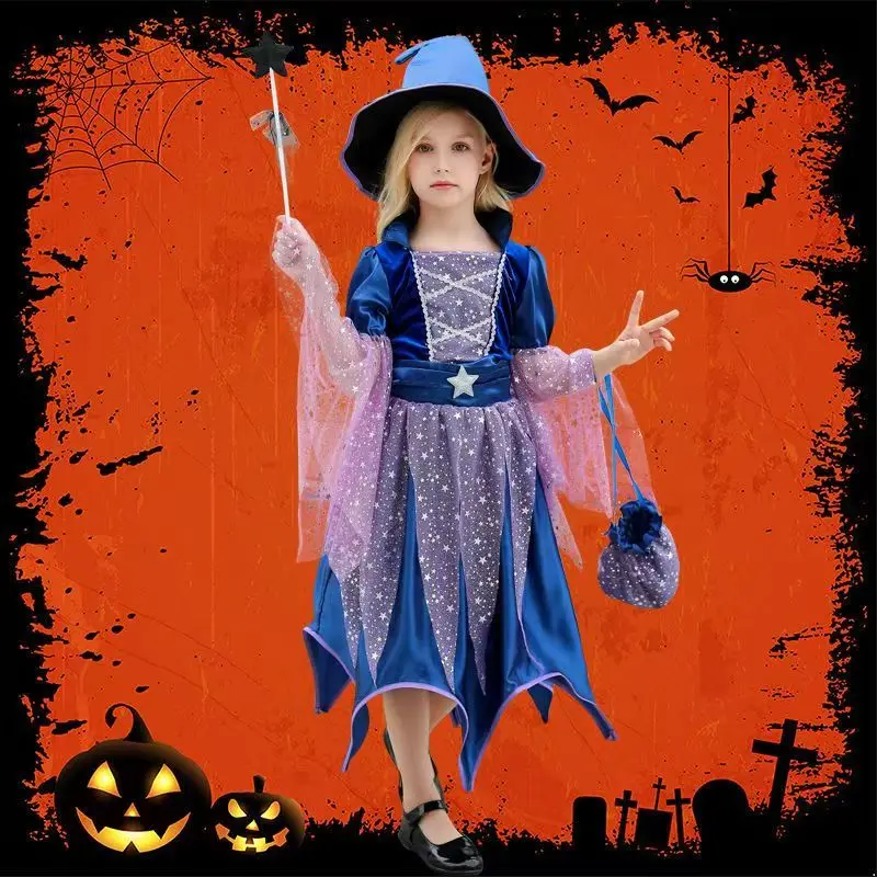

2025 Halloween Horror Witch Blue Dress With Hat Magic Stick Baby Girl Cosplay Gown Carnival Villain Wizard Vampire Dress Set