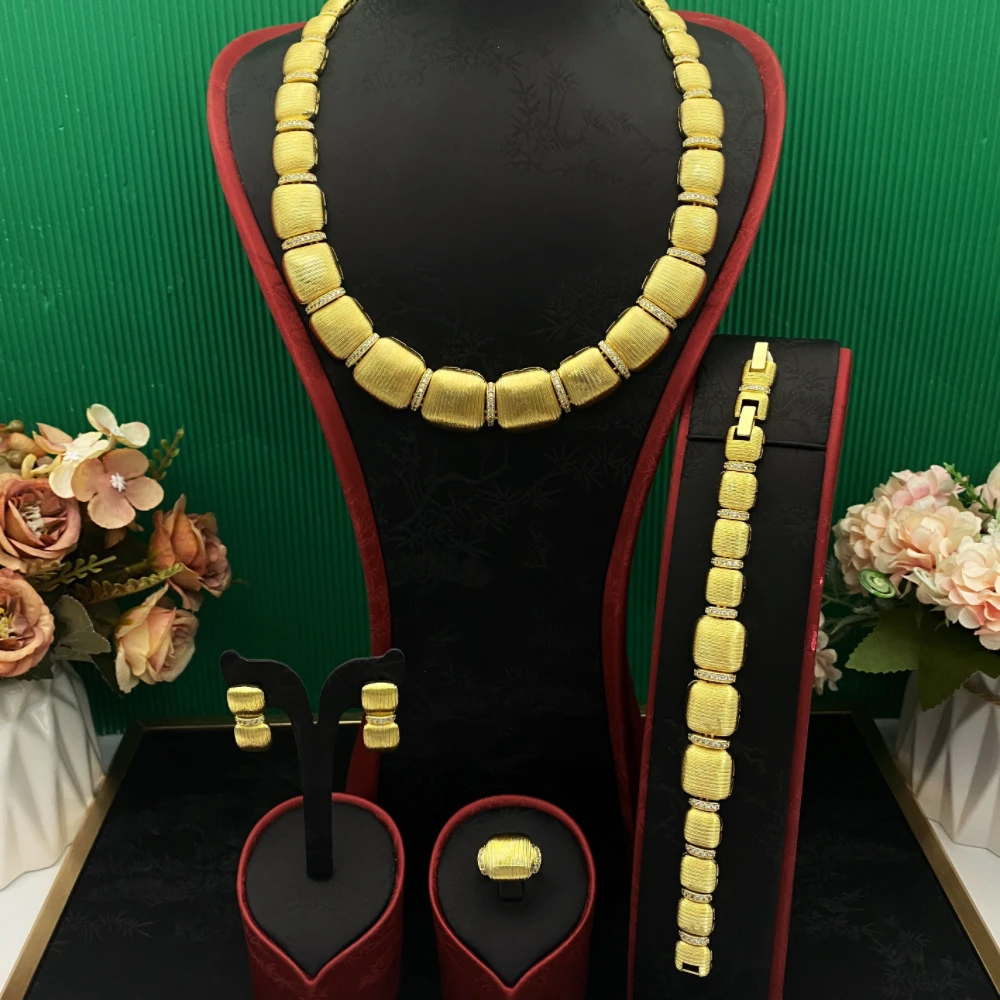 

JRH Fashion Wedding Jewelry Set for Women Gold Plated Brass Earrings Necklace Bracelet Ring Elegant for Dubai