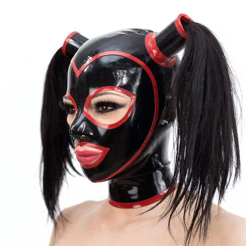 Резиновая маска с латексным капюшоном и двумя трубками с косичками и контрастной отделкой для комбинезона, косплея, вечерние черные парики hjk.5