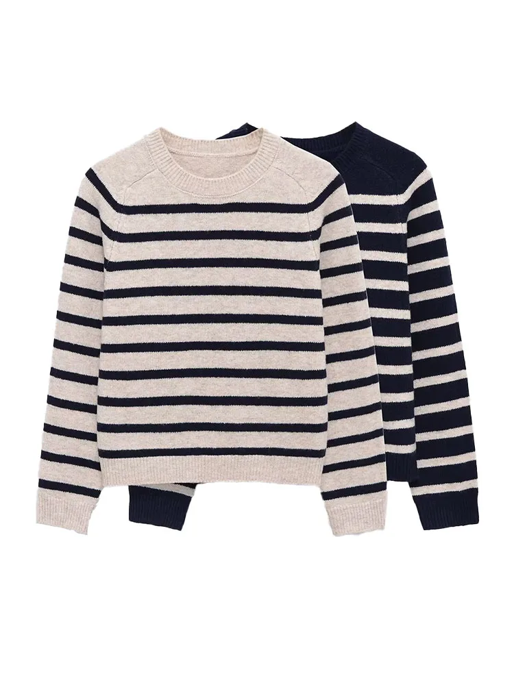 

HH Women Fashion Versatile Simple Crew Neck Striped Pullover Knitted Sweater Female Basic Retro High Street Casual Sweater Top