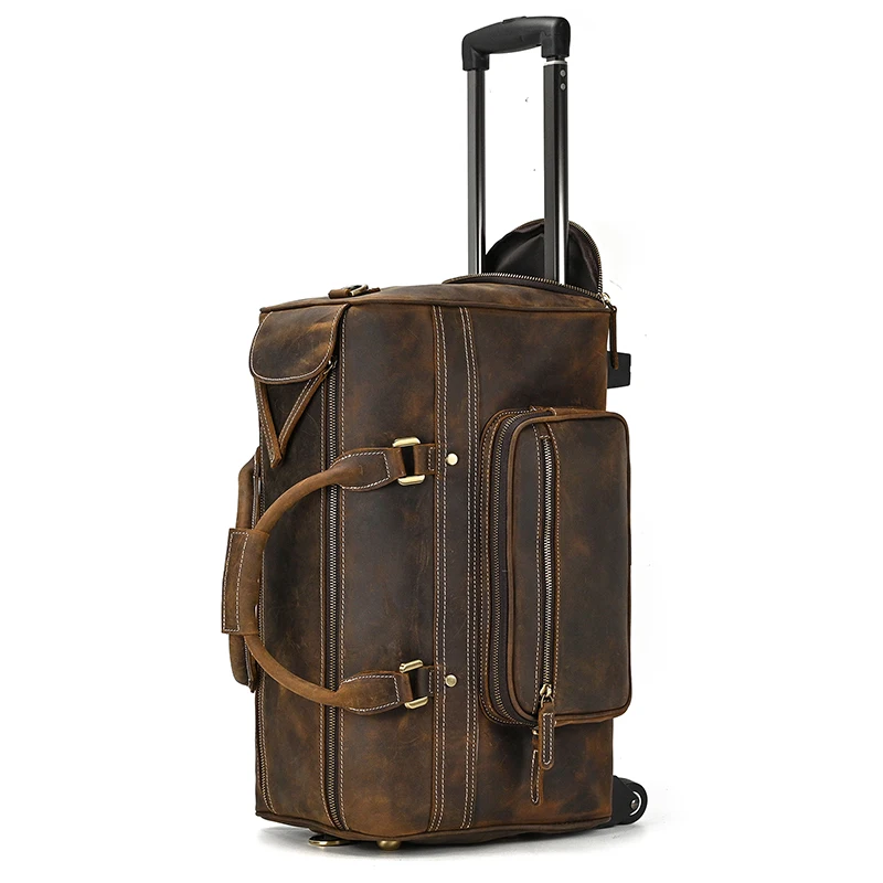 Large genuine leather luggage bag wheels duffle bag trolley case hand luggage with rolls men women leather Trolley Case flights