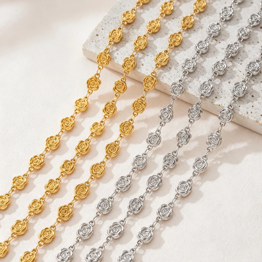 1M 0.5M Stainless Steel Rose Buds Flowers Link Chains For DIY Jewelry Making Necklaces Bracelets Supplies Materials Accessories