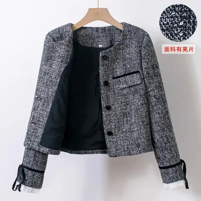 2026 Spring New Women's Temperament Round Neck Short Coarse Tweed Coat Fashionable Grey Small Fragrant Style Jacket Autumn