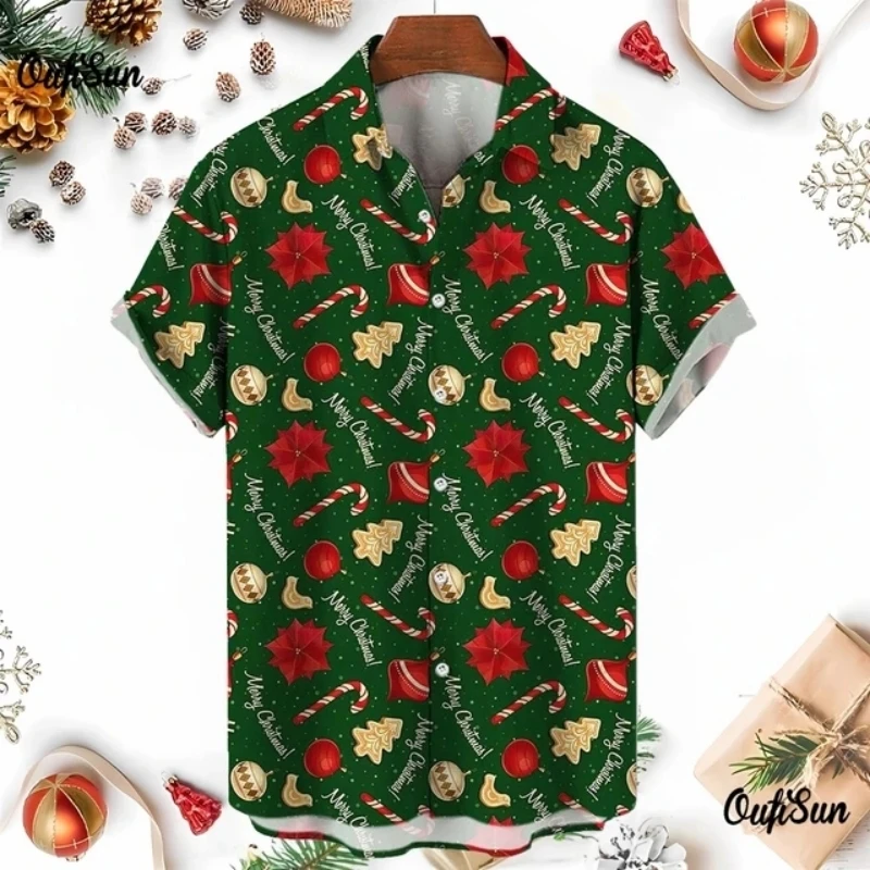 Xmas New Year Gingerbread Christmas Hawaiian Shirt Men\'s 3D Snowman Print Street Short Sleeved Loose Clothes For Men Clothing