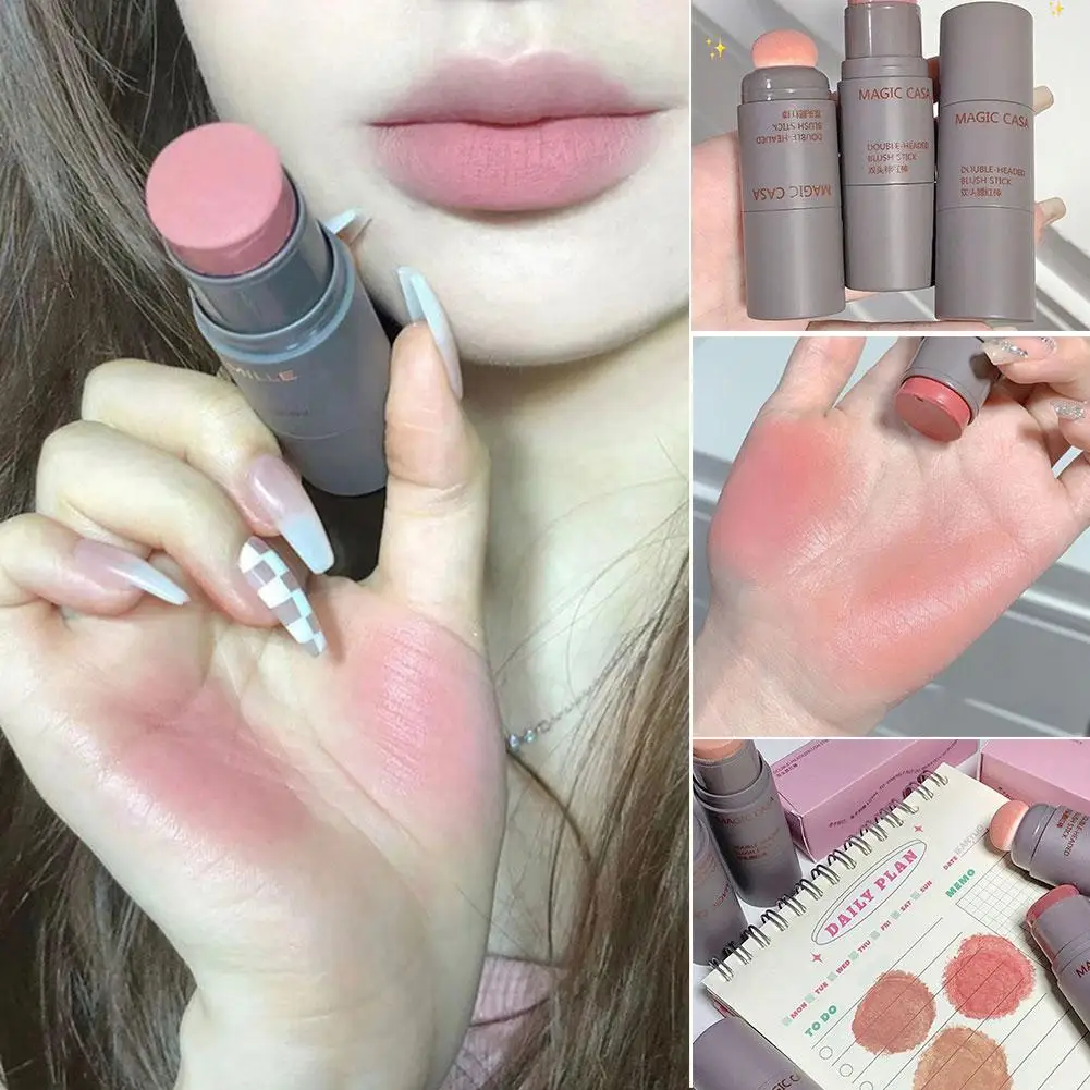 Bastão de blush de esponja de duas cabeçadas, maquiagem multiuso à prova d'água, bochecha e lábio sedosos, cosméticos faciais naturais duradouros, 1pc