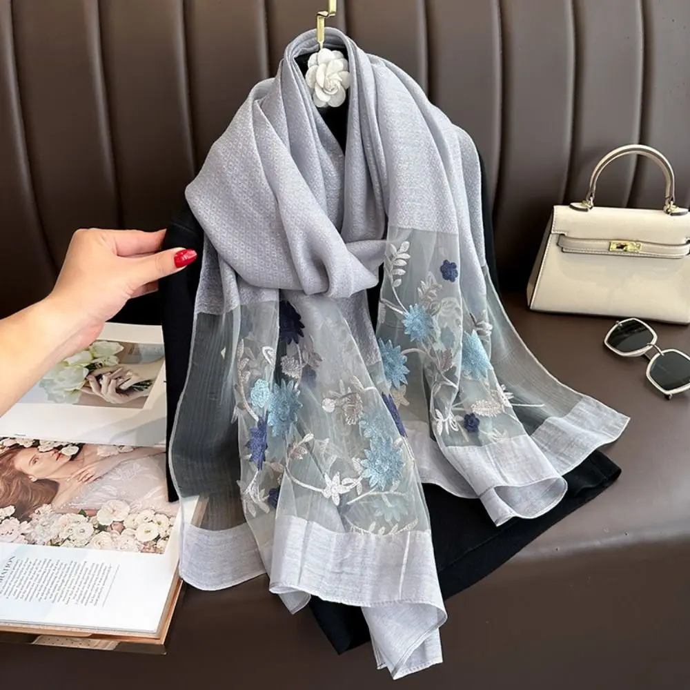 Moda flor luxo lenço de seda bordado foulard feminino hijab xales macio fino grande lenço de renda envolve feminino