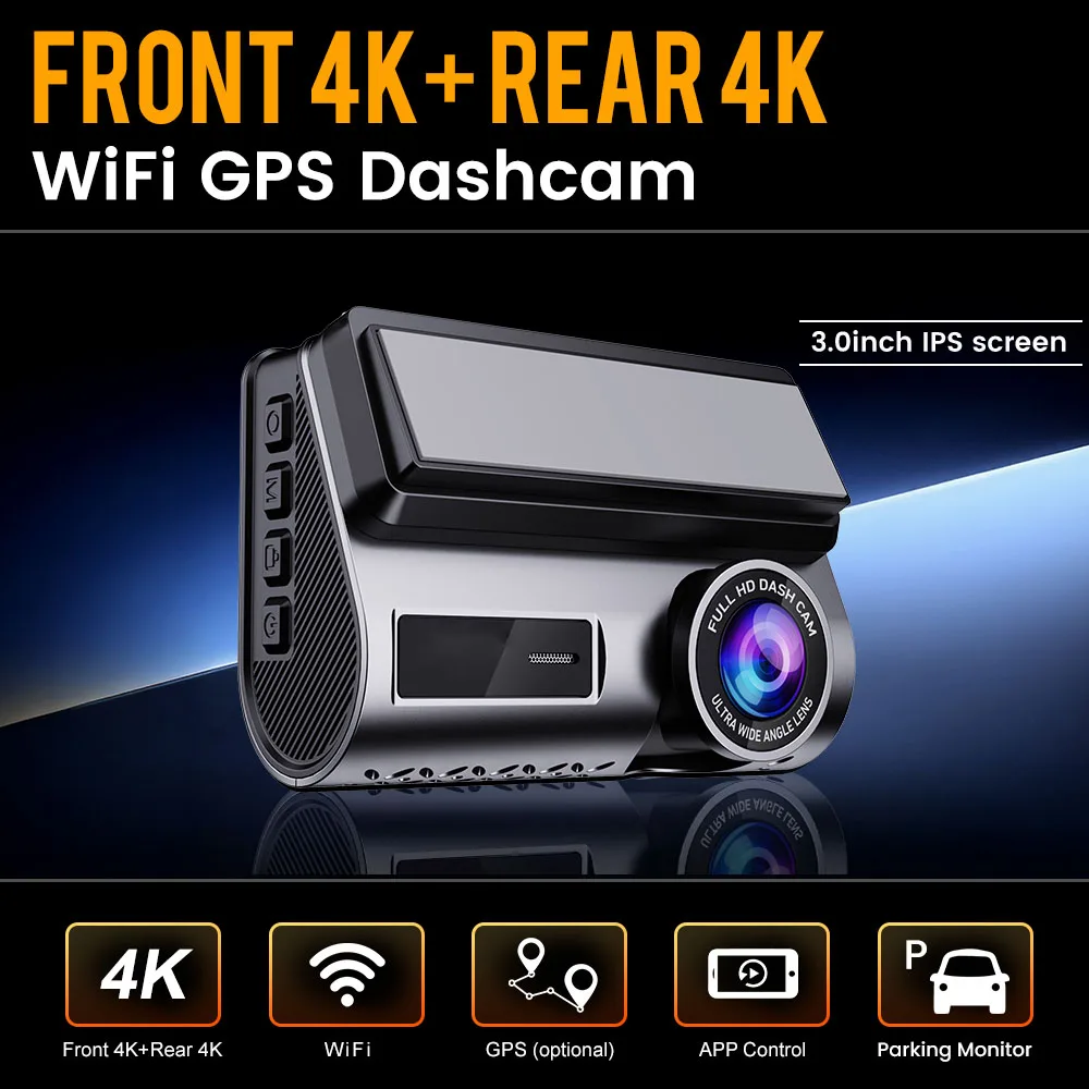4K Front Rear Dual Lens GPS Dash Cam - Supports Remote Live View,HD Night Vision Recording,24H Parking Mode & 4K Rearview Camera