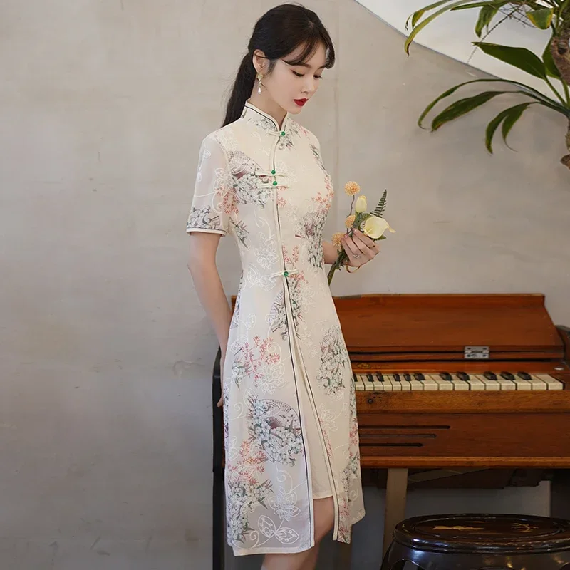 

Retro Traditional Chinese Short Sleeve Cheongsam Clothing for Women Summer Modern Elegant Qipao Evening Dress