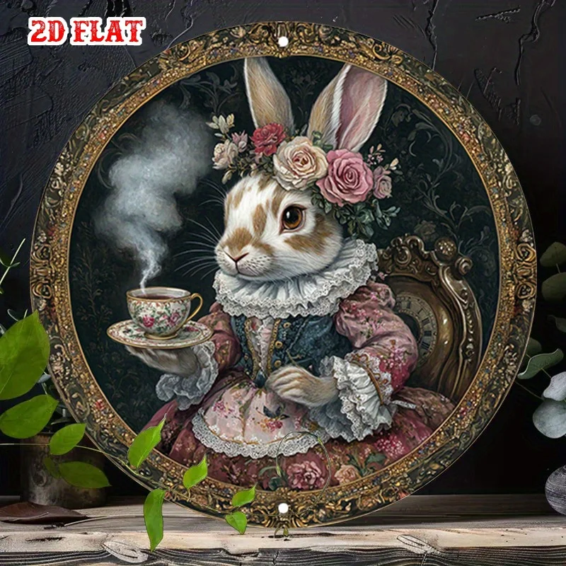 2D Flat - A Vintage-Style 2D Flat Metal Sign Showcasing a Rabbit Dressed in Victorian Attire Holding a Teacup, Perfect for Dec