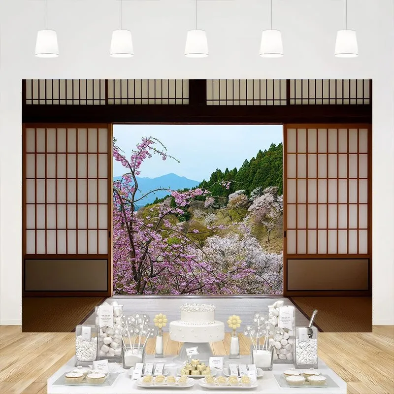 

Spring Backdrop Garden Cherry Blossoms Mountain Trees Scenery Residence Japanese Style Lobby Background Wallpaper Decor Banner