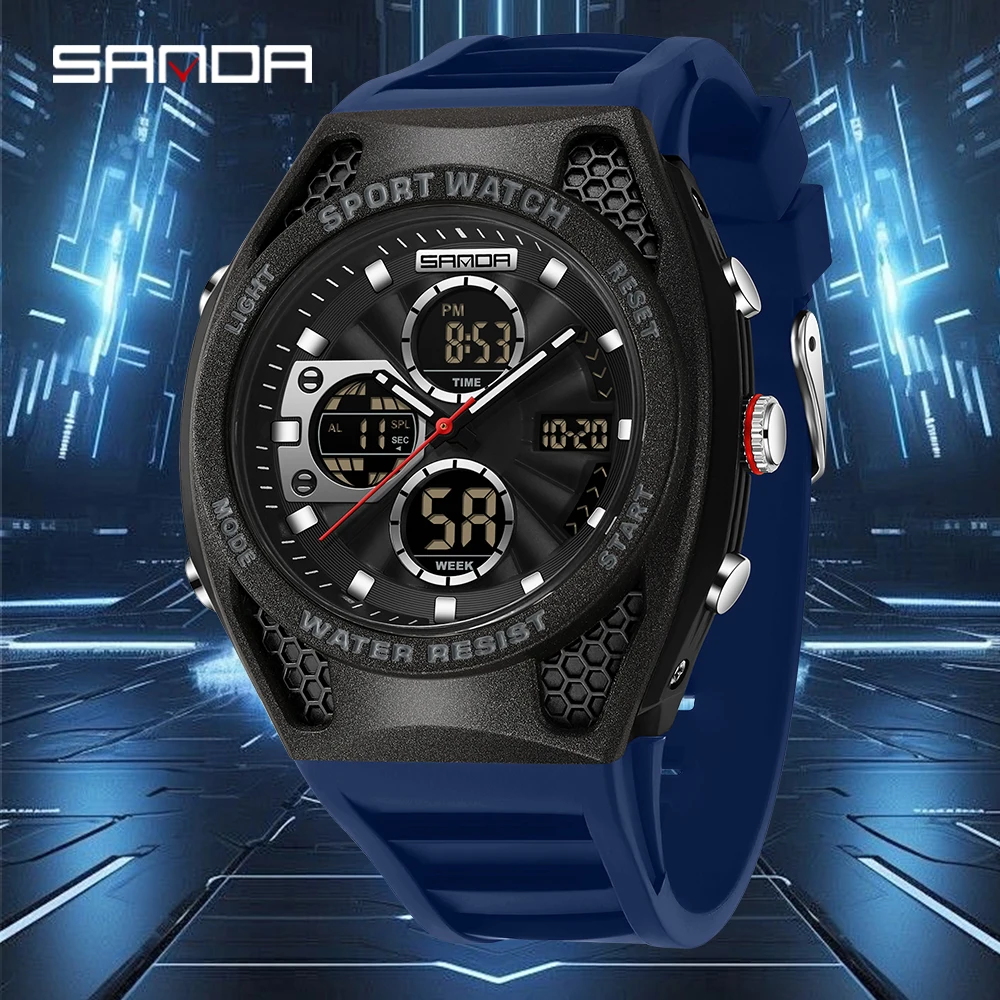 Sanda 3384 brand men's multifunctional sports electronic watch men's timer night light waterproof silicone strap digital watch