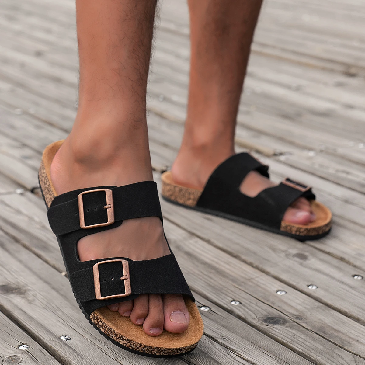 Men's Casual Simple Buckle-Adjustable Pu Upper Double-Bar Beach Flip-Flops Flat-Soled Slip-On Outdoor Home Eva Slippers