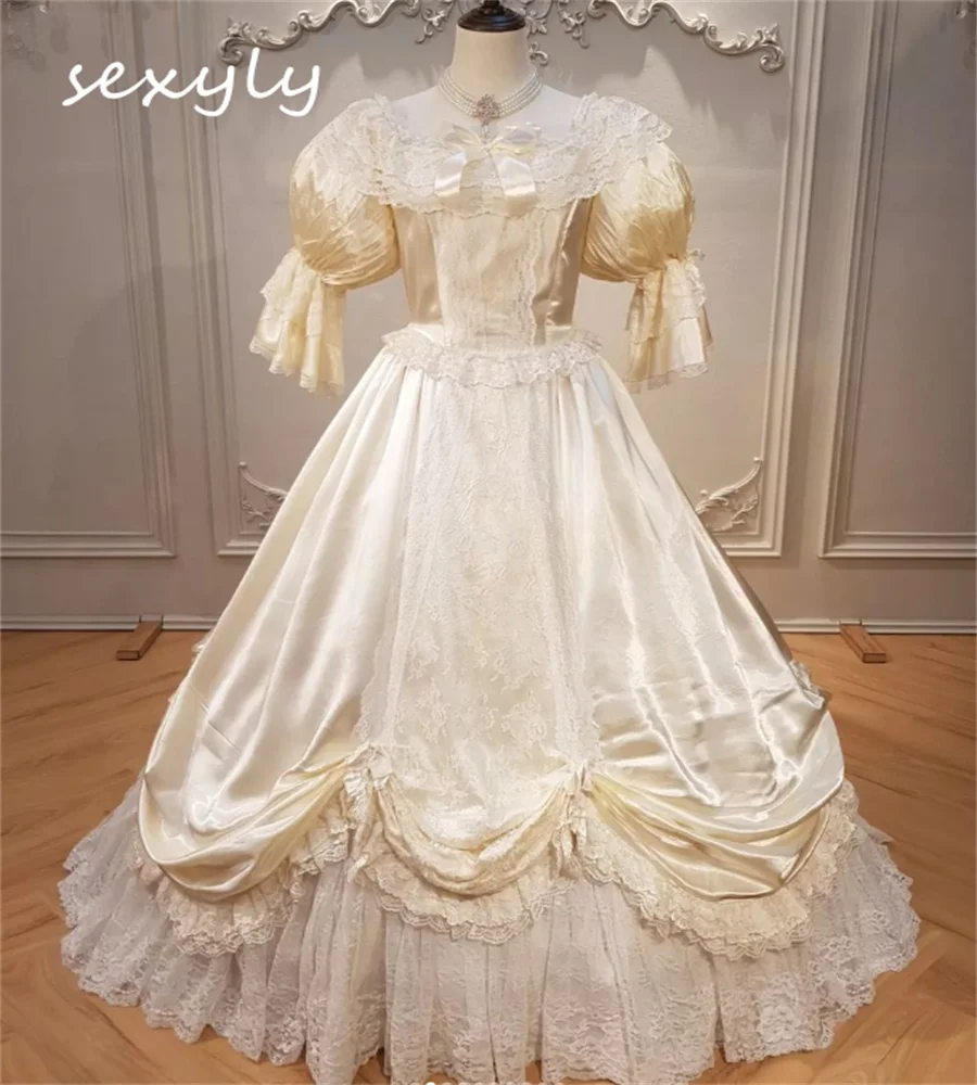 Wiktoriańska suknia ślubna Renesansowy średniowieczny kostium Cosplay Masquerade Prom Gown Lace Pleat Country Bride Dess Dostosowane