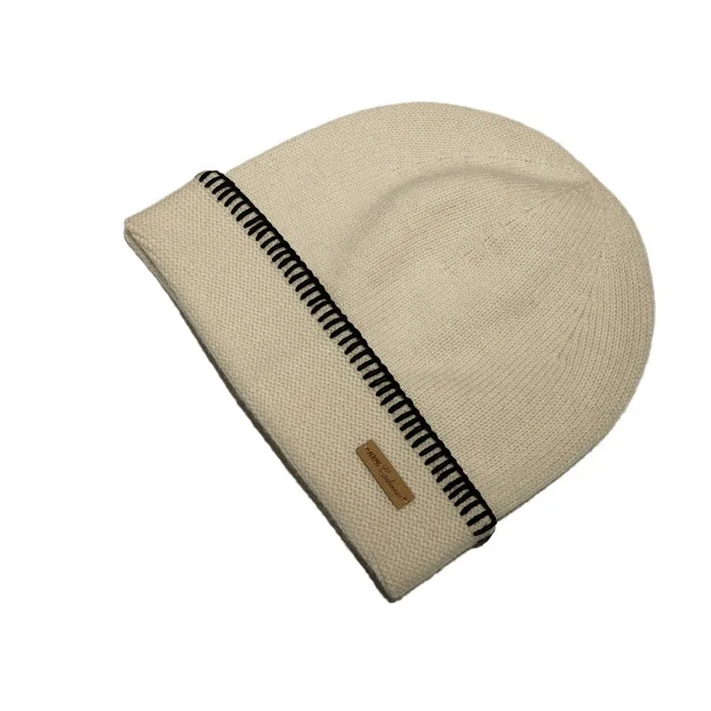 Contrast Stitch Cashmere Beanie Men Women Black White Bonnet Hat Knitted