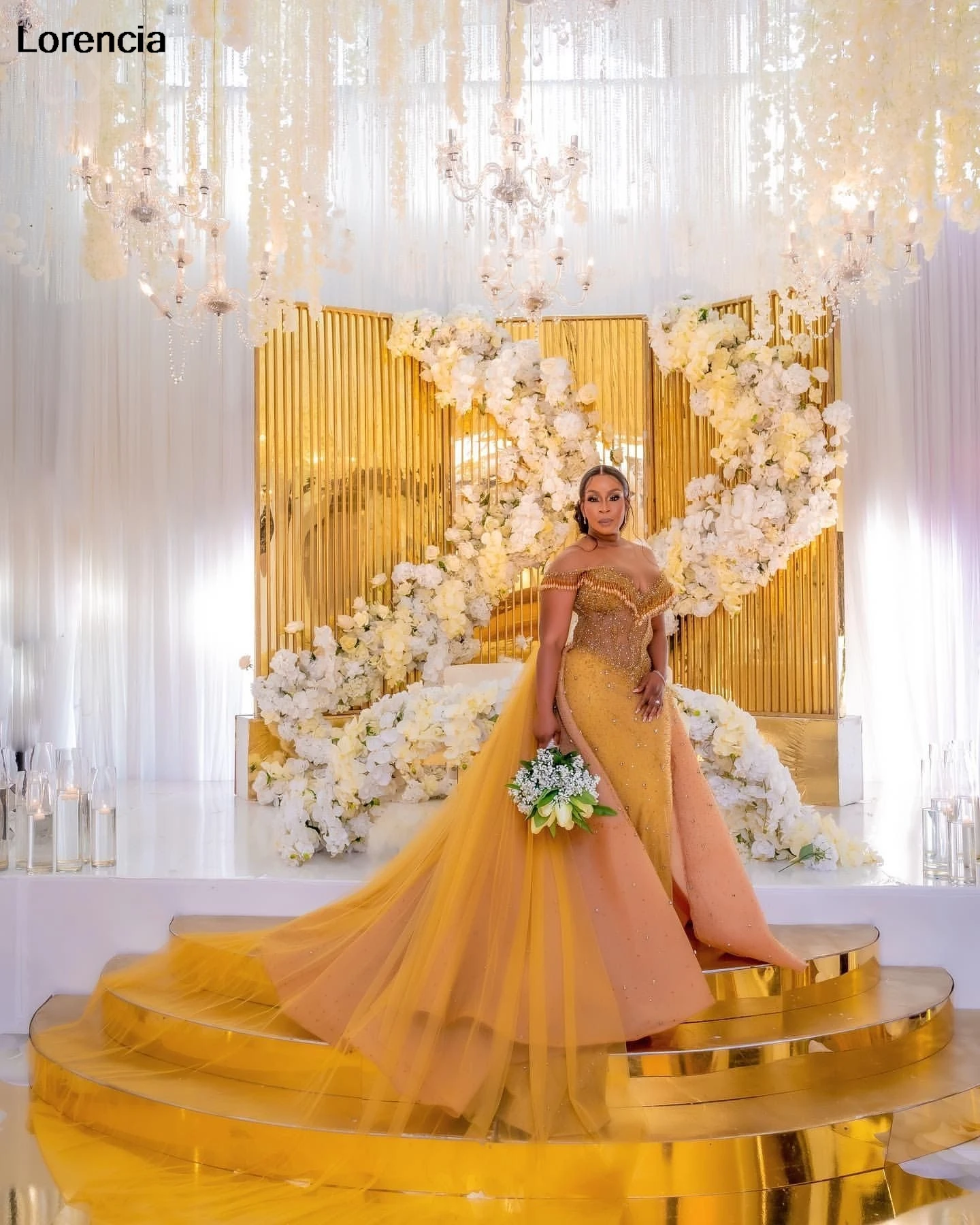 Maßgeschneidertes arabisches Aso Ebi Gold Meerjungfrau Abendkleid glänzende Perlen Kristall afrikanischer Tüll formelles Abendkleid Robe De Sorrie YPD350