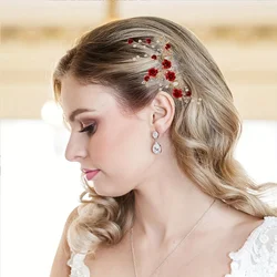 Wedding Hair Comb  Red Rose Hair Ornament Handmade Rhinestone Pearl  Headpiece Hair Wedding Accessories Bridesmaid Gifts