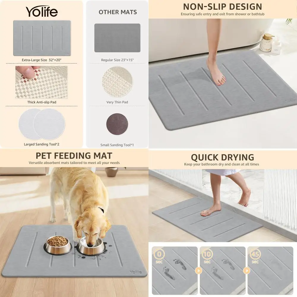 

Large 32 x 20 Diatomaceous Earth Bath Mat - Super Absorbent, Quick Dry, Non-Slip Shower Mat in Light Grey