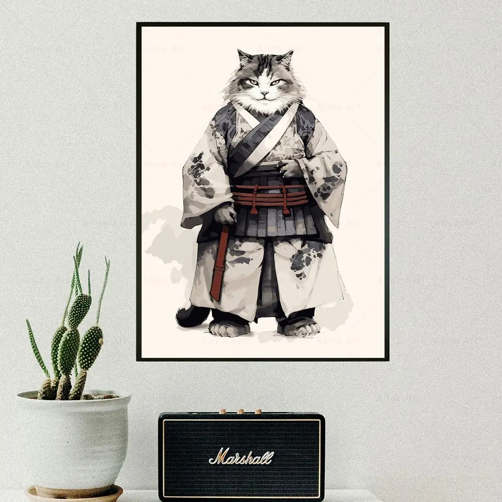 Japanese Cat Samurai Geisha Canvas Paintings Wall Art Posters Prints Funny Art Cute Cat Animals Anime Living Room Decor Pictures