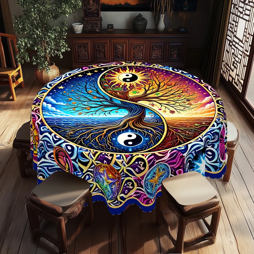 1 Piece of Tai Chi Tree of Life Tarot Round Tablecloth, Featuring a Yin-Yang Tai Chi Design as Its Base, with a Print of the Tree of Life, Starry Sun and Moon, and the Elements of Heaven, Earth, Mountains, and Sea, with Embossed Edges, Tarot-Themed Decoration, Suitable for Daily Use in Home Dining Rooms, Leisure Areas, Tarot Divination Tables, and as a Decorative Item for Daily Gatherings and Parties, as Well as a Home Decor Item for Tarot Enthusiasts