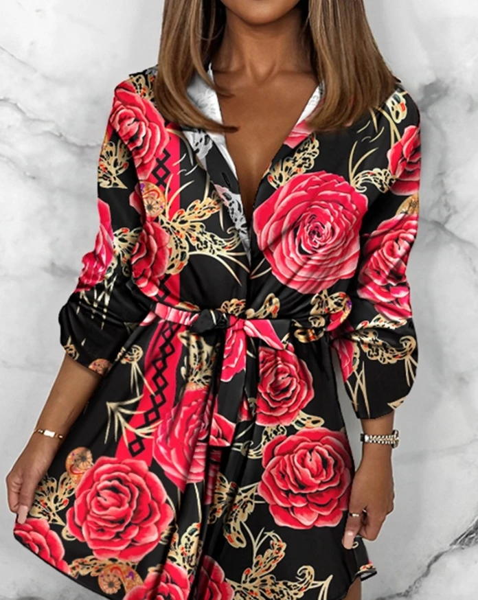 

2025 Hot Selling Women's Rose Print Collar with Rolled Sleeves and Lace Up New Casual Mini Dress In Stock