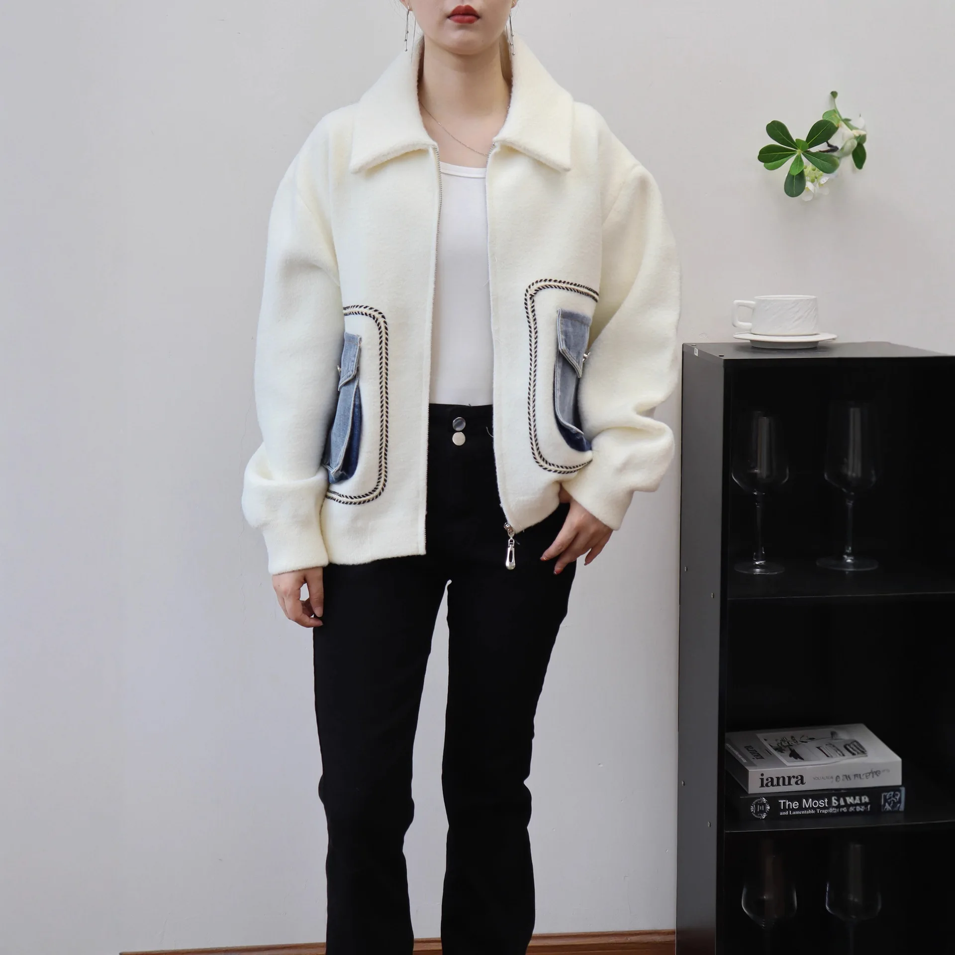 Mulheres casacos curtos de lã casual misturas jaquetas retalhos denim bolso camisola pulôver zíper solto elegante jumper 2025 outono