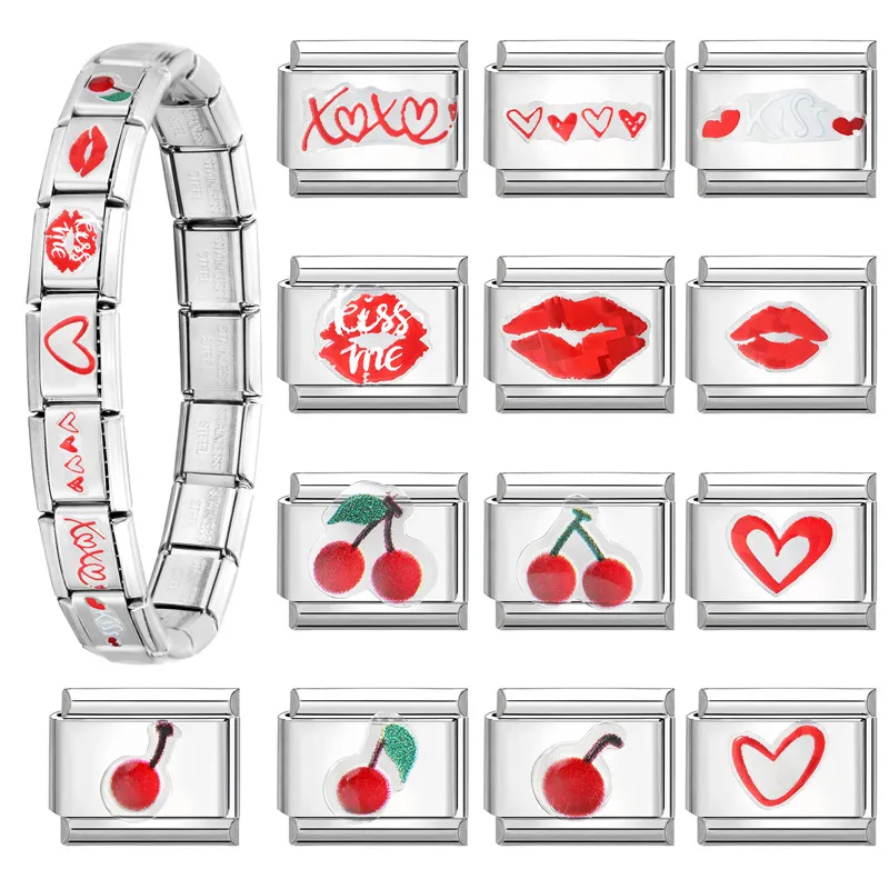 New Red Heart Lips Cherry Sticker Italian Charm Links Fit 9MM Fashion Bracelet Stainless Steel For Women Men Jewelry DIY Gift
