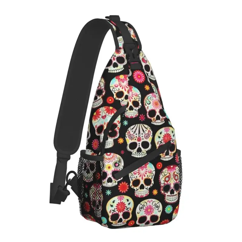 Sugar Skulls Sling Chest Bag Customized Day Of The Dead Shoulder Crossbody Backpack for Men Cycling Camping Daypack