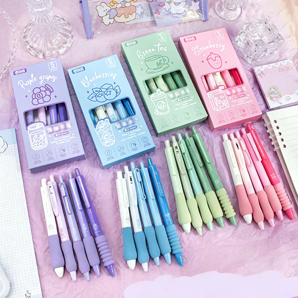 5 pieces of macaron color press neutral pen, soft grip, minimalist ST quick drying pen, black signature pen for learning/office