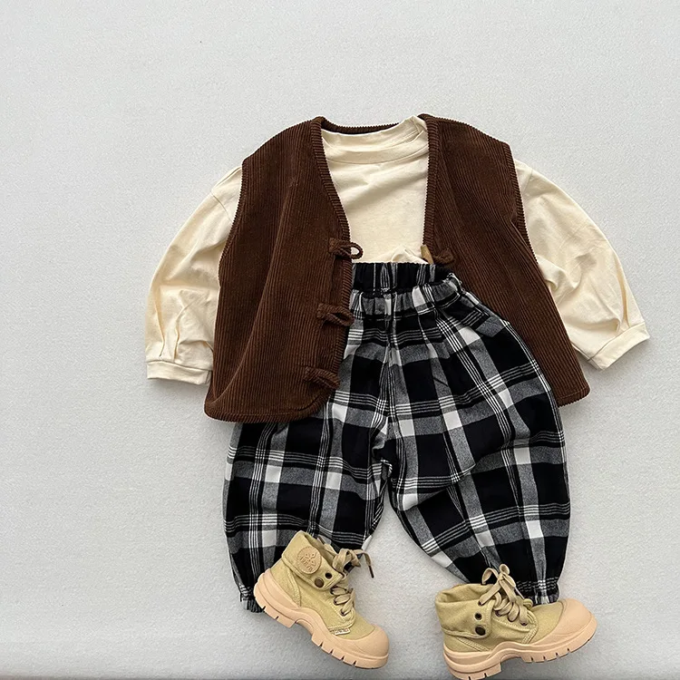 Spring and Autumn New Boys and Girls Japanese Korean Polished Large Plaid Leggings Lantern Pants Children Versatile Casual Pants