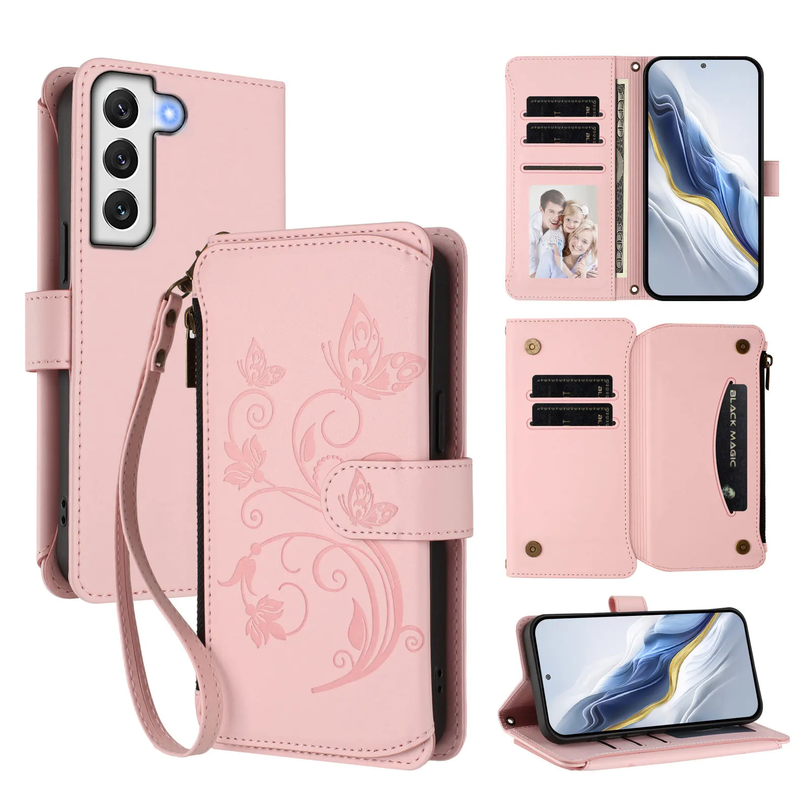 Butterfly Flower PU Leather Silicone Case, Compatible with Samsung Galaxy S22/S23/S24 with Wrist Strap and Zipper Flip Card Case