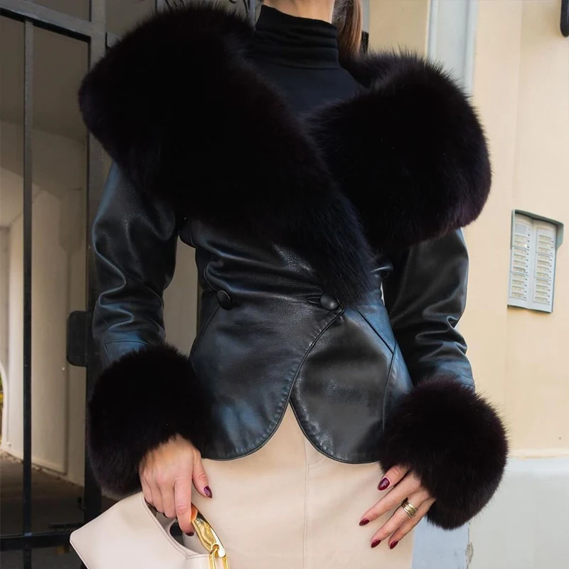 Black Fur Collar Leather Jacket Women Chic Solid Full Sleeves Waist Cinching V-neck Short Coat 2026 Lady High Street Outerwear