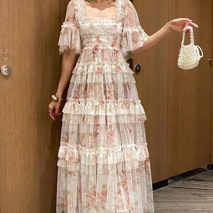 Brand Designer Floral Tulle Wedding Prom Dress Women Summer Holiday Short Sleeve Layer Ruffles Cake Dresses Long Maxi Vestidos