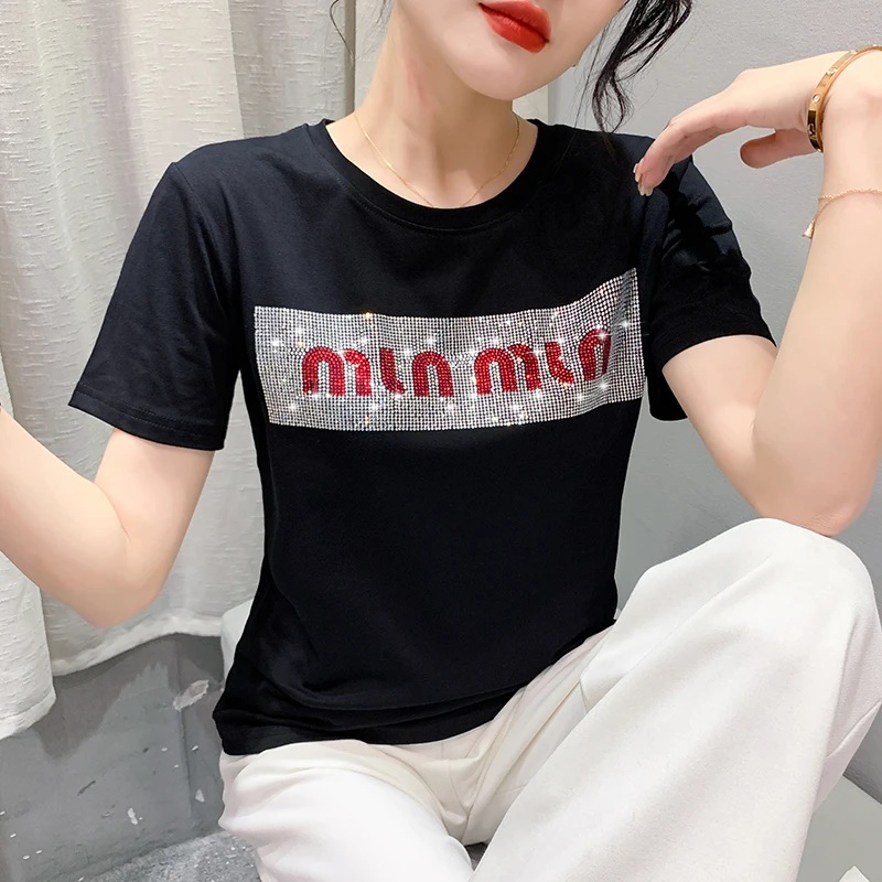 Black Summer Clothes Cotton T-Shirt Chic Sexy O-Neck Shiny Diamonds Letter Women Tops Short Sleeve Hand Made Tees 2024 New 43139